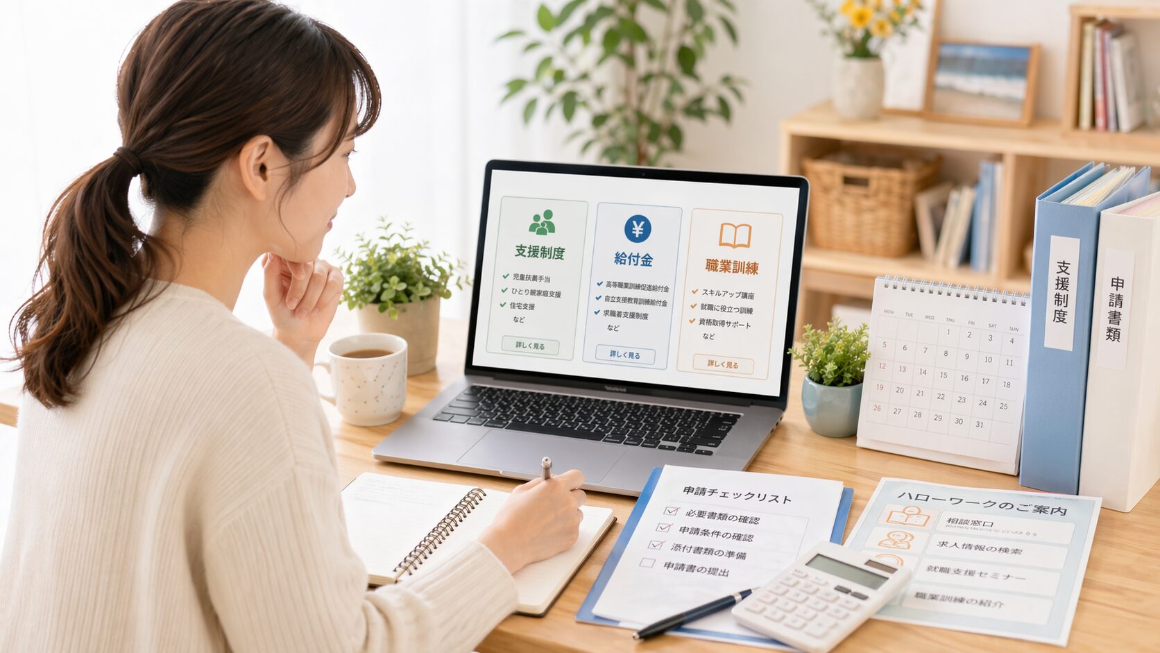 シングルマザーが資格支援制度や給付金を確認するイメージ
